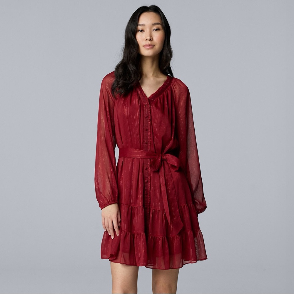 NEW Sz Large Simply Vera Deep Red Long Sleeve Dress Sheer Tiered Bow Feminine